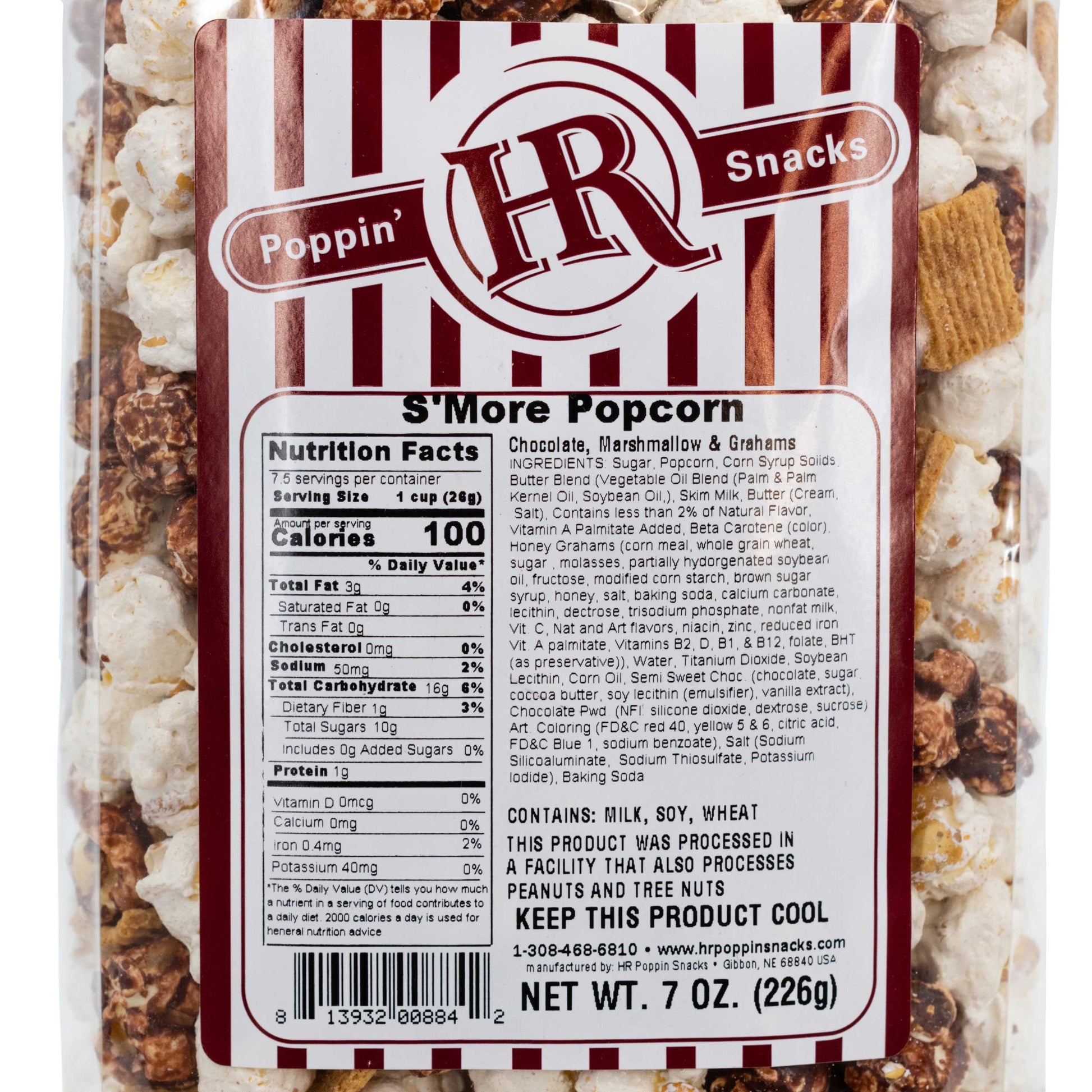 Sweet S'more popcorn in an 8 oz bag from HR Poppin' Snacks, featuring toasted marshmallow and chocolate flavor details.