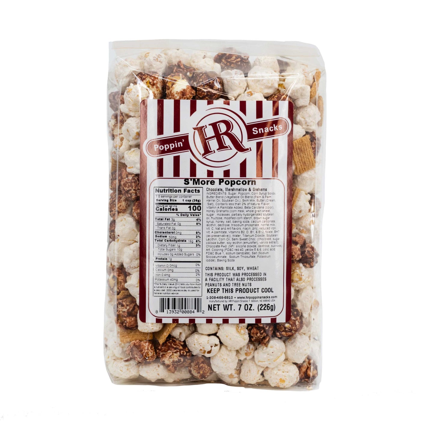 Sweet S'more popcorn in an 8 oz bag from HR Poppin' Snacks, featuring toasted marshmallow and chocolate flavors.