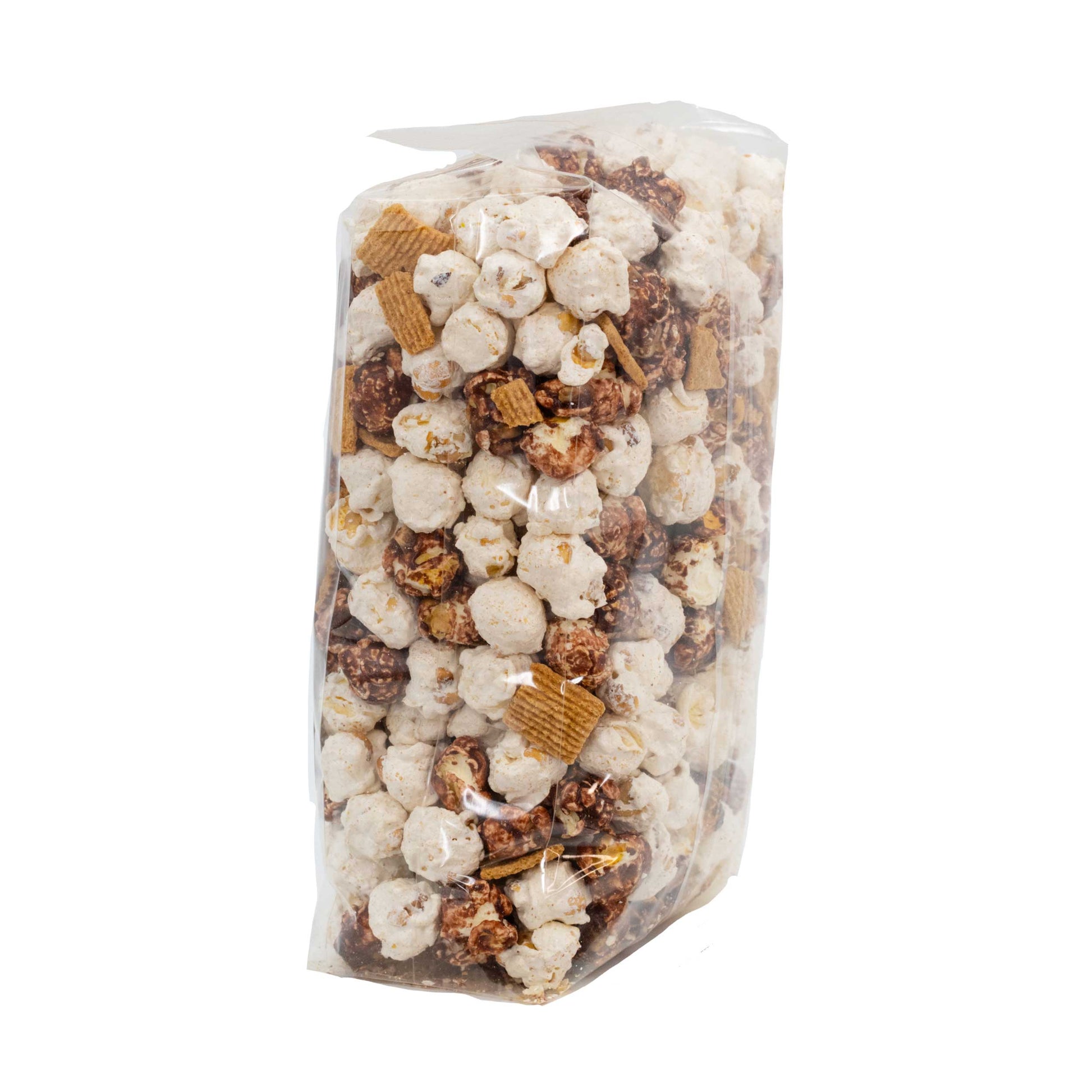 Sweet S'more popcorn in an 8 oz bag from HR Poppin' Snacks, featuring chocolate, marshmallow, and graham cracker flavors.