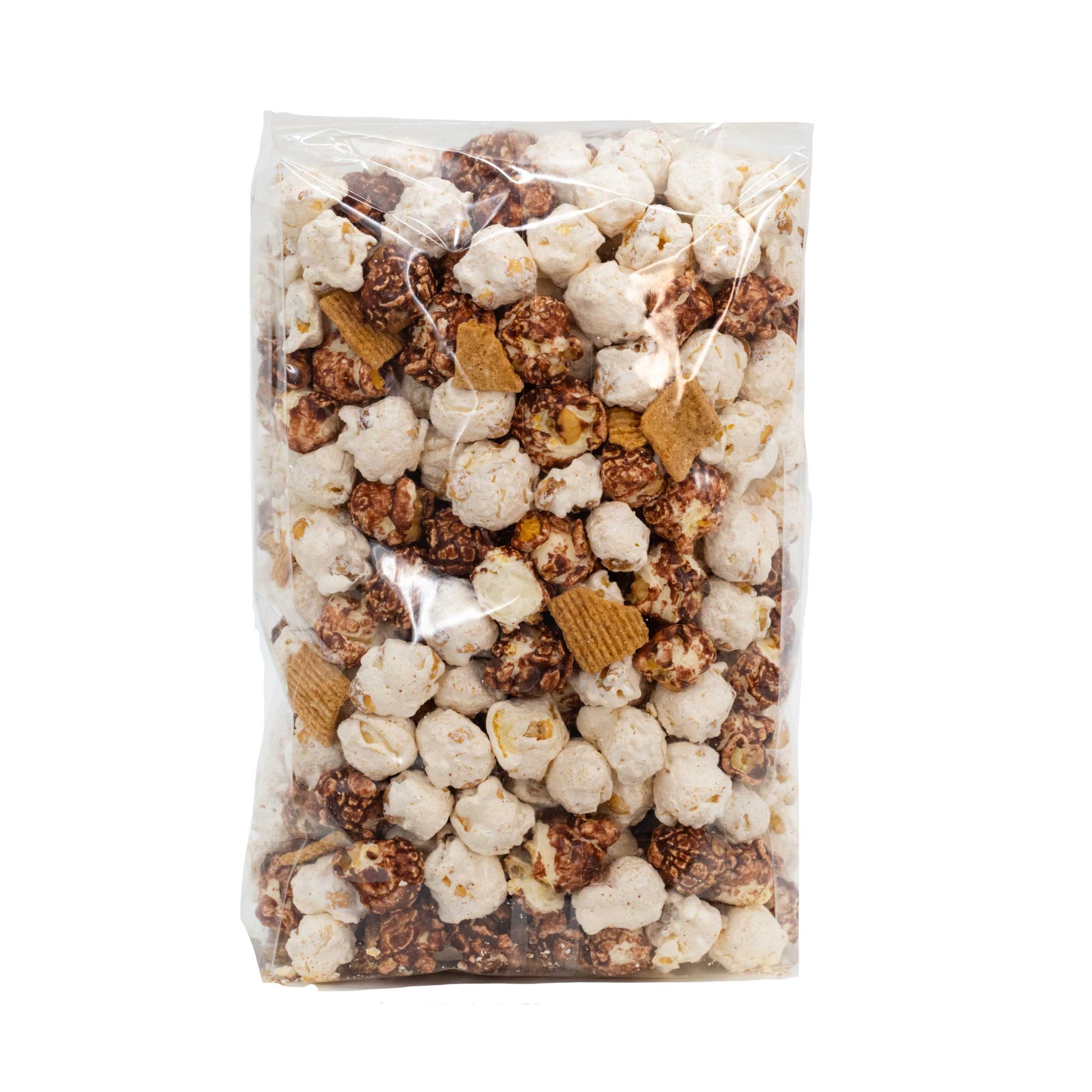 Sweet S'more popcorn in an 8 oz bag from HR Poppin' Snacks, featuring toasted marshmallows and chocolate flavors.