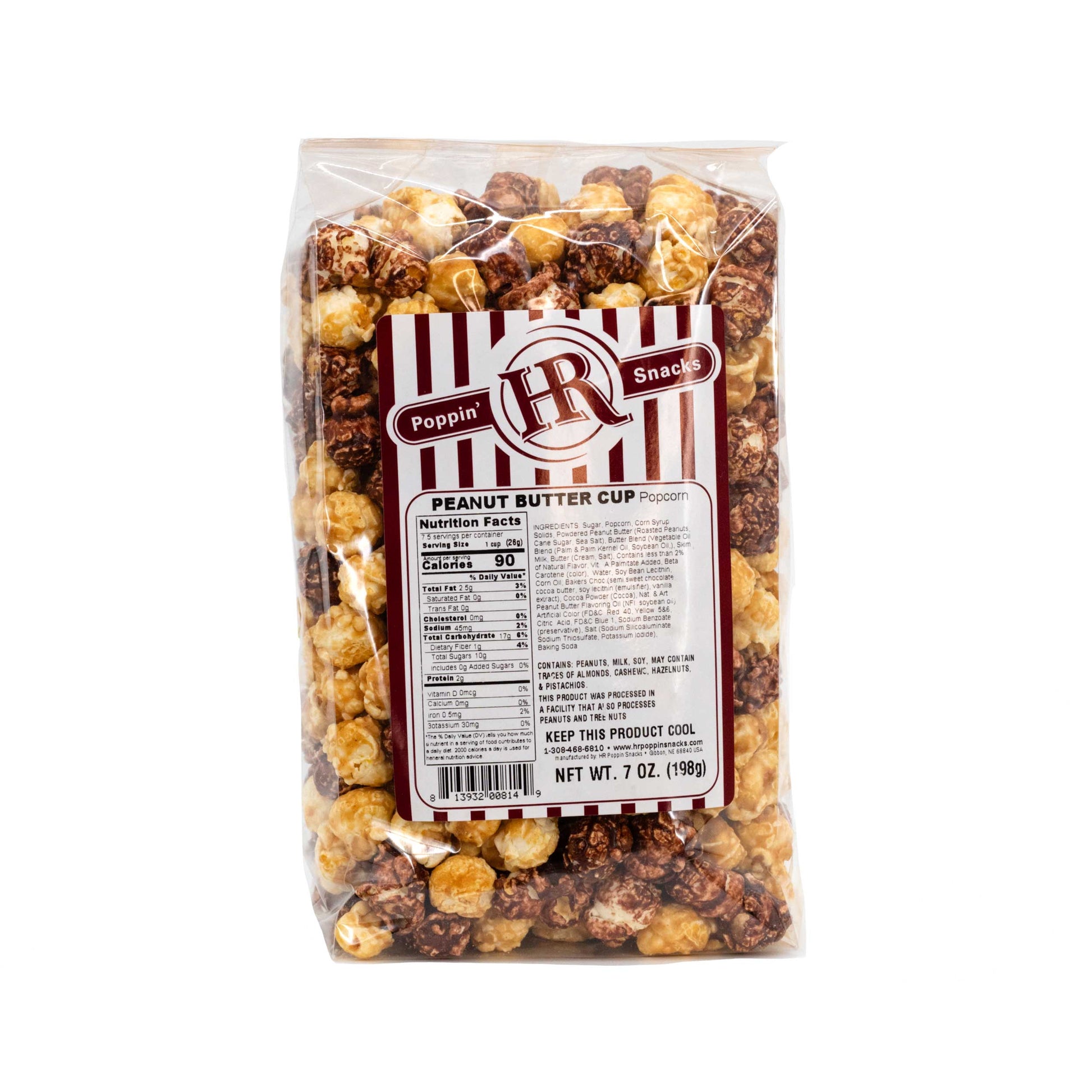 Peanut butter cup popcorn in a 7 oz bag by HR Poppin' Snacks, featuring golden popcorn coated with peanut butter cup flavor.