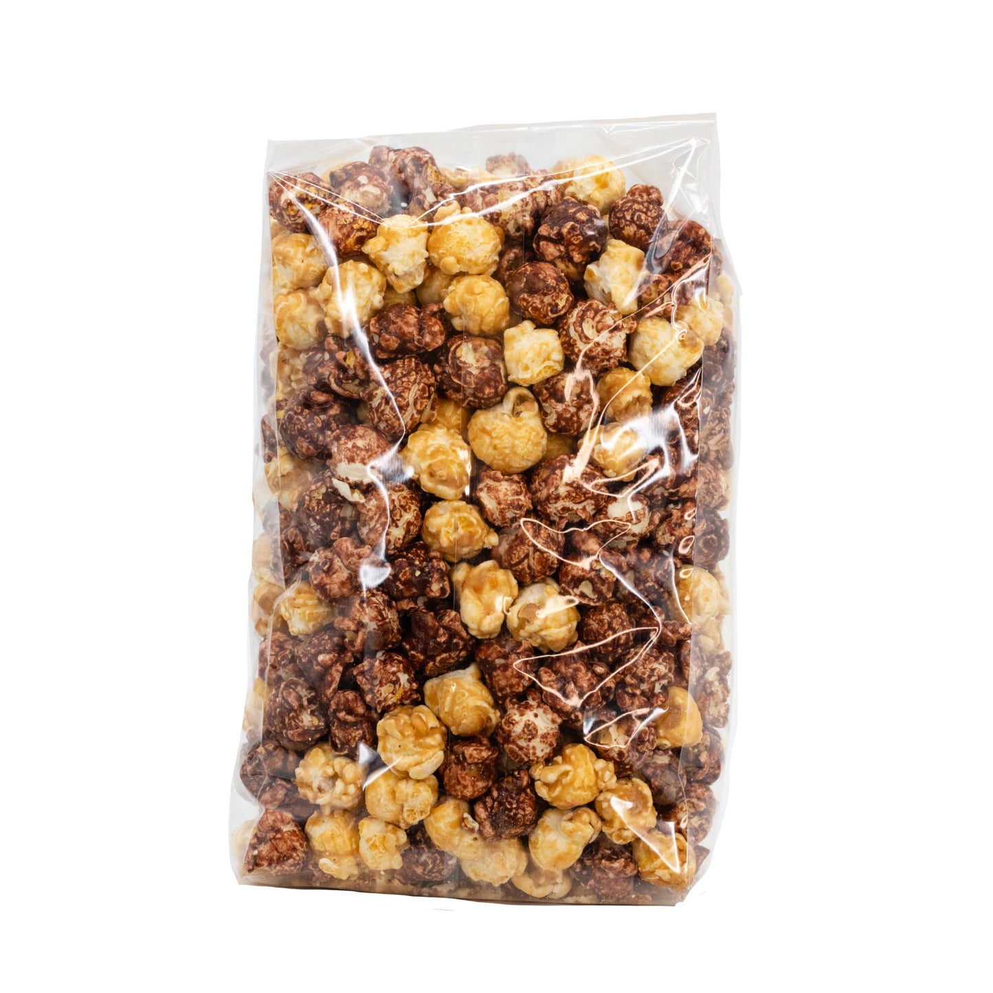 Peanut butter cup popcorn in a 7 oz bag from HR Poppin' Snacks, featuring golden caramel-coated popcorn with peanut butter cups.