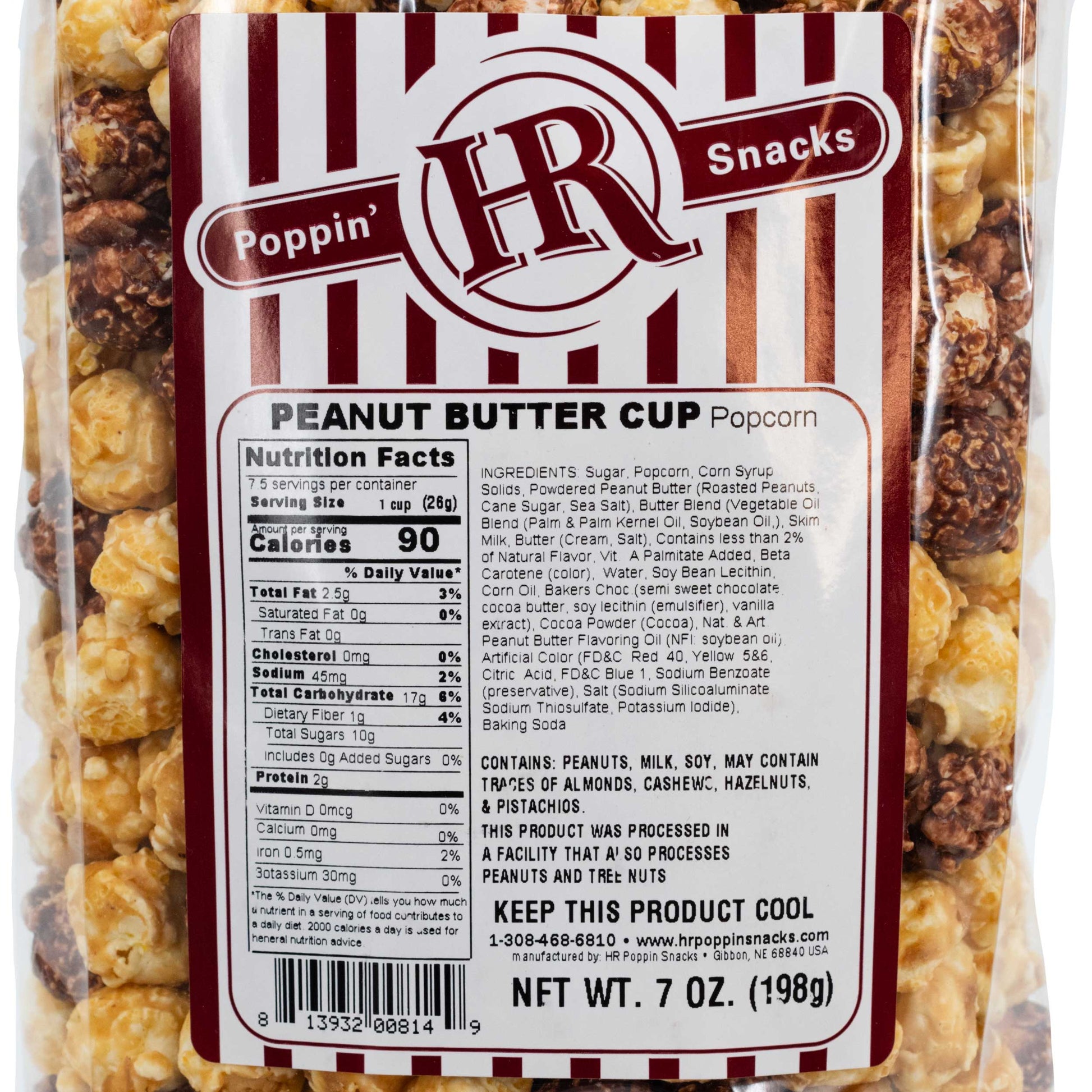 Peanut Butter Cup popcorn in a 7 oz bag by HR Poppin' Snacks, featuring caramel-coated popcorn with peanut butter cup pieces.