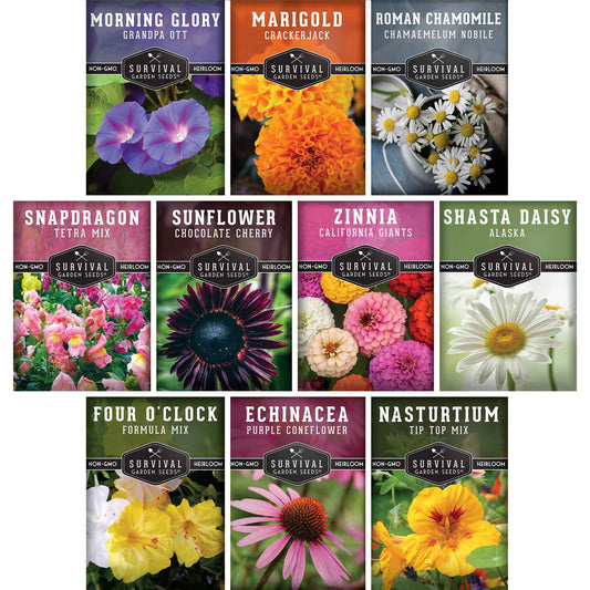 Assorted heirloom flower seeds in a packet, featuring 10 varieties of non-GMO annuals and perennials for vibrant pollinator gardens.