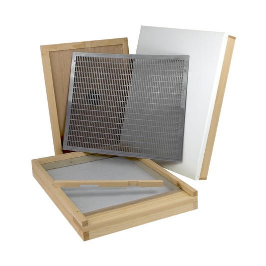 Galena Farms 10-frame hive base kit with telescoping top, inner cover, screened bottom, and queen excluder, ready to use.