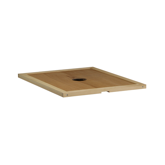 Galena Farms Amish-made 10-frame hive inner cover with round feeding hole, ready to use for beekeeping hive assembly.