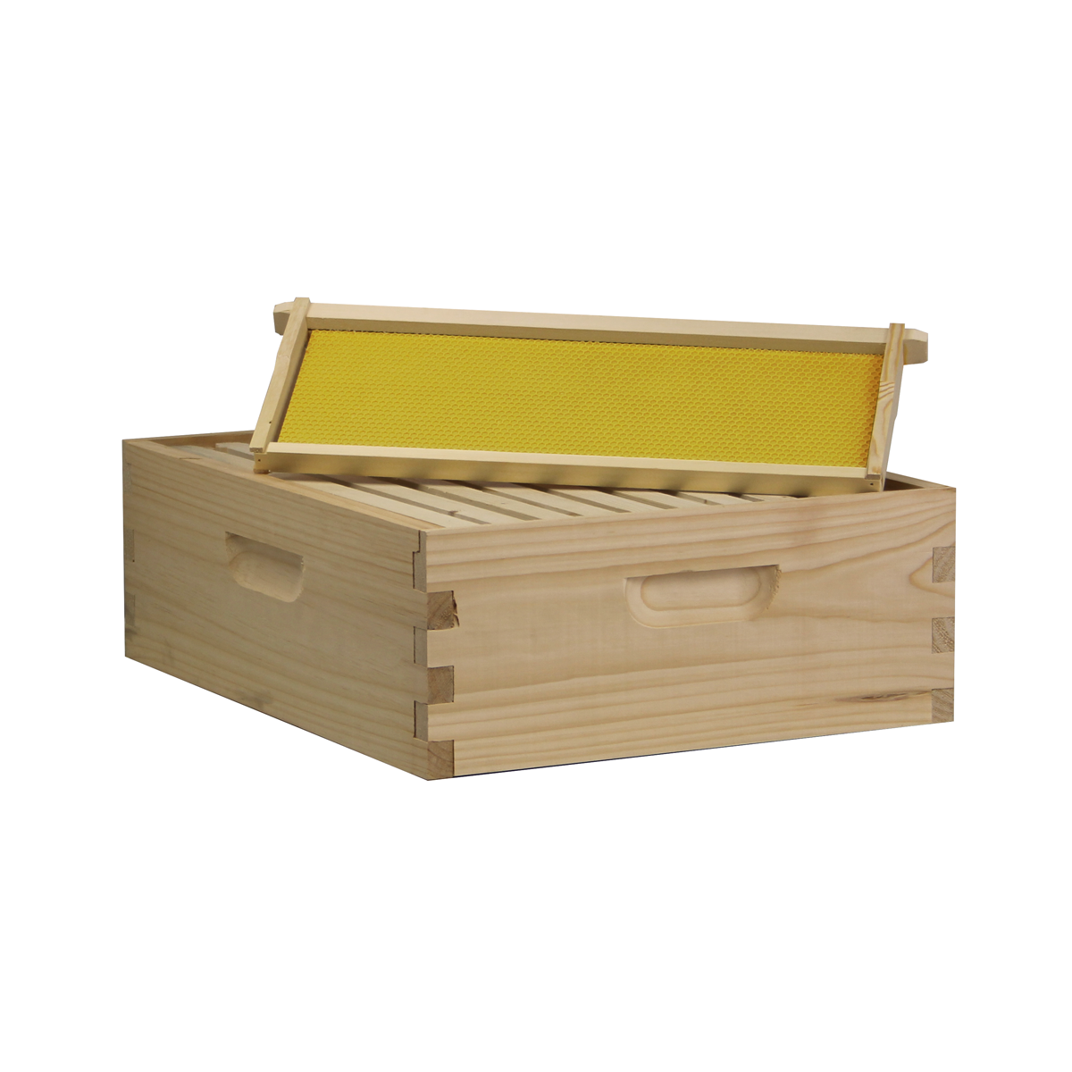 Galena Farms 10-frame medium honey super with assembled frames and wax-coated foundations for beekeeping hive expansion.