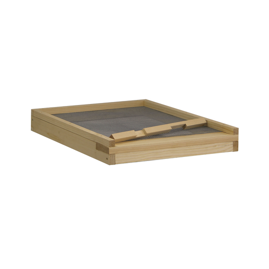 Galena Farms 10-frame screened bottom board with insert and entrance reducer, Amish-made hive part for beekeeping.