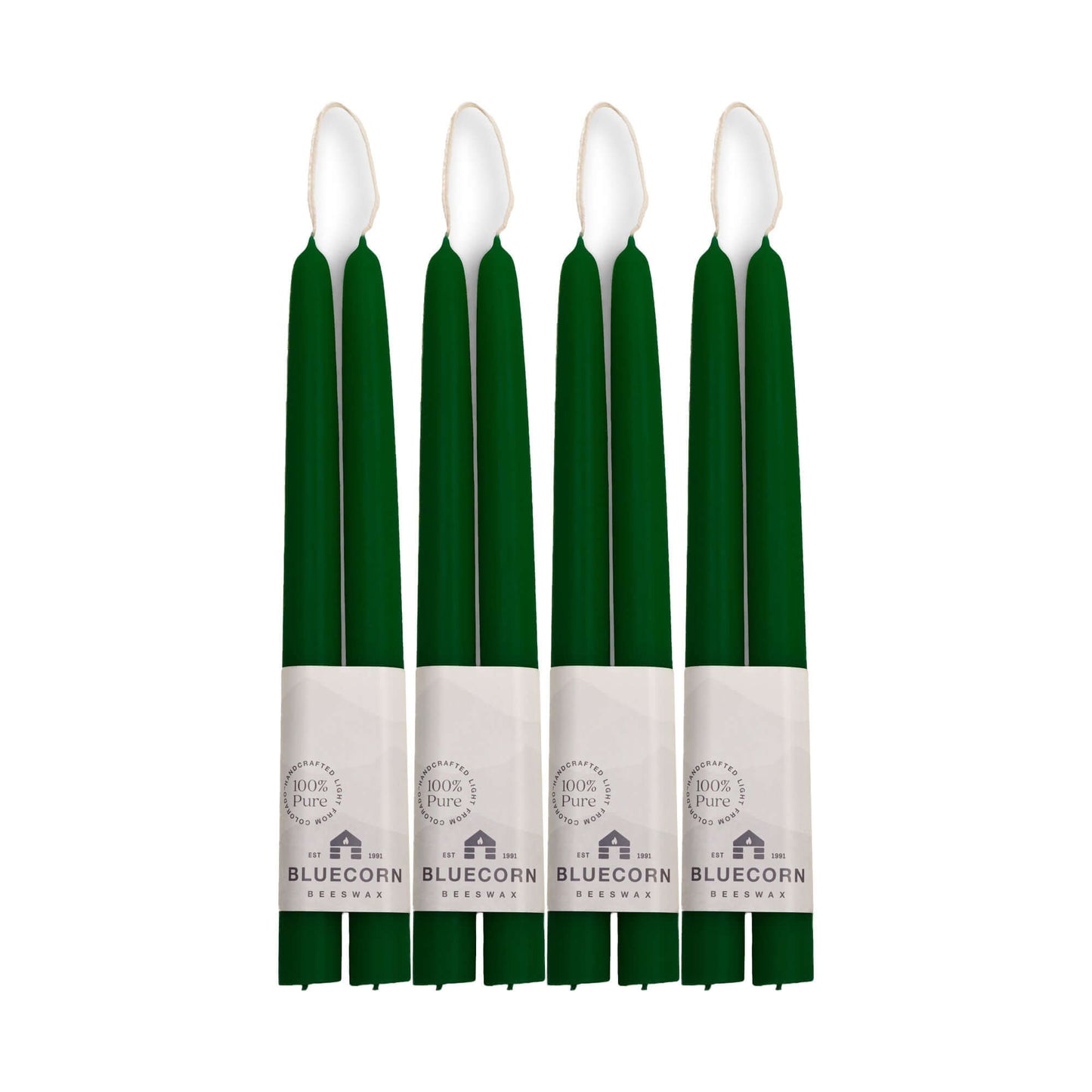 Set of 8 moss green 10-inch beeswax taper candles from Bluecorn Candles, hand-dipped and bulk-packed for home decor or events.