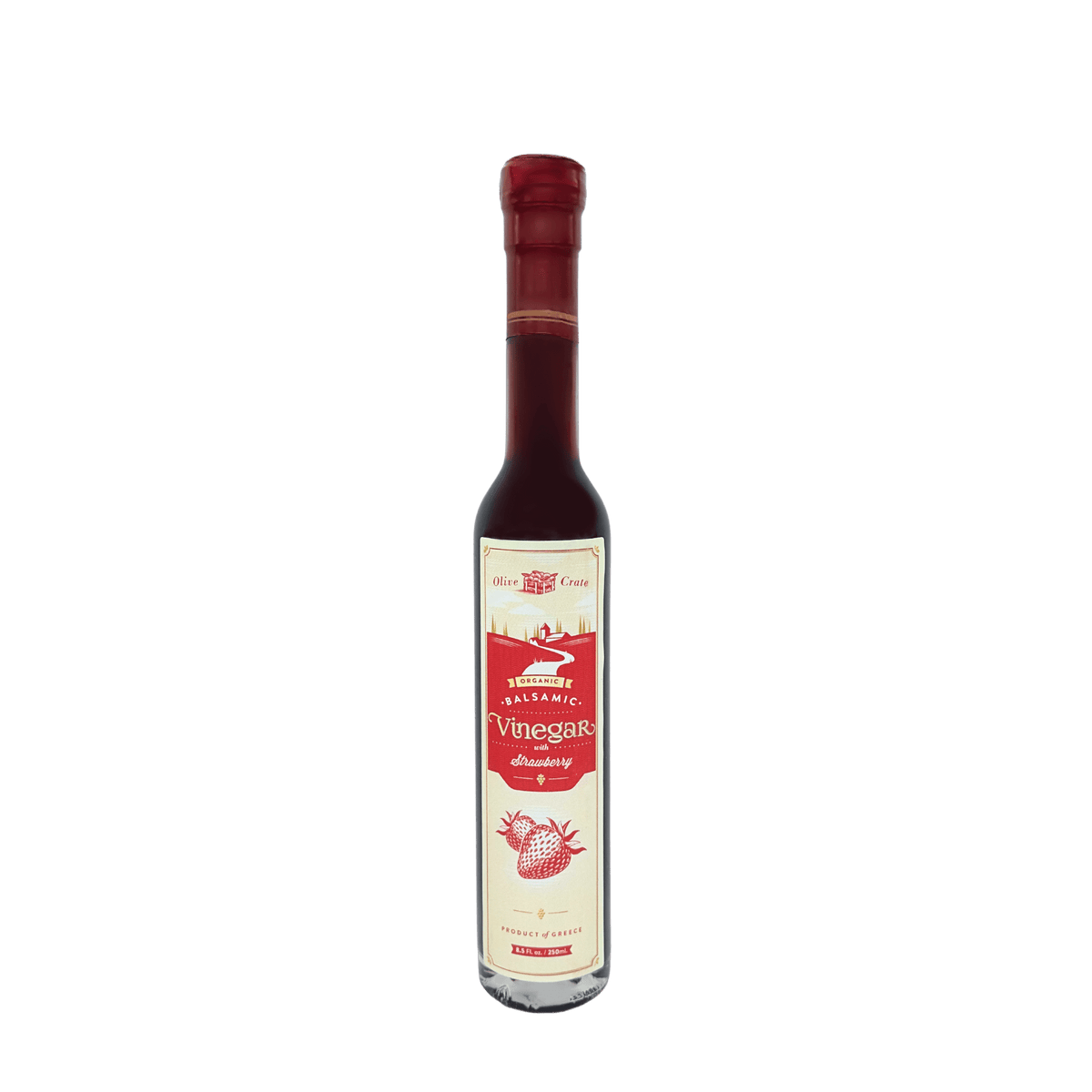 Bottle of Olive Crate 100% organic balsamic vinegar with strawberry, featuring a dark vinegar liquid and fresh strawberries on the label
