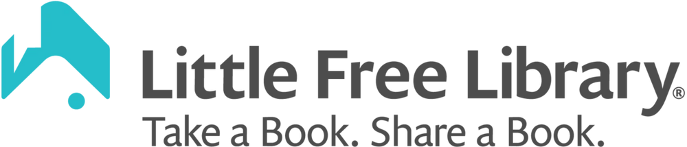 Logo for Little Free Library featuring a teal icon resembling a birdhouse and the words Little Free Library in gray. The tagline reads Take a Book. Share a Book.