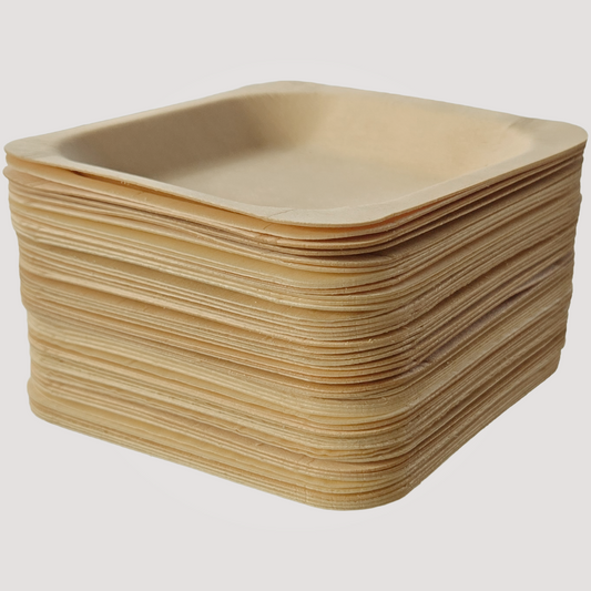Square wooden plate by MicRic, eco-friendly 7x7 inch bamboo and palm leaf design, shown in a pack of 300.