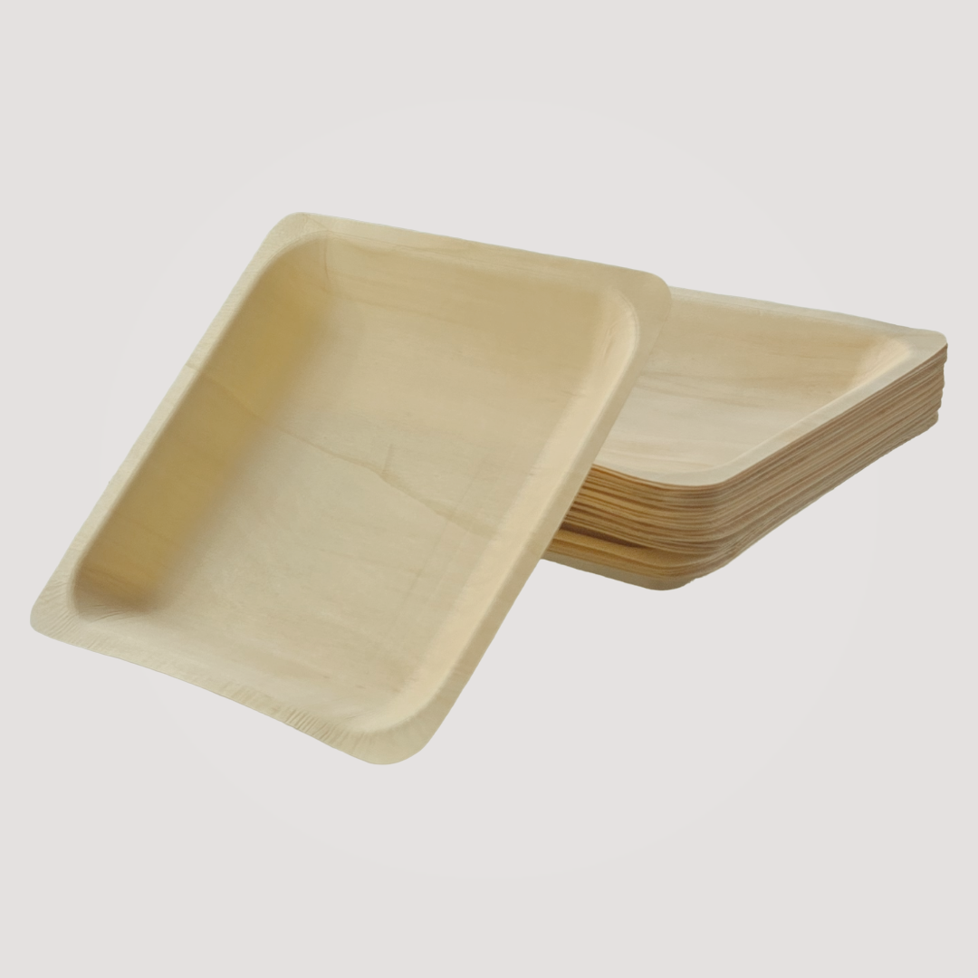Square wooden plate from MicRic, eco-friendly 7x7 inch bamboo and palm leaf dinnerware, 300-pack box, biodegradable and reusable.