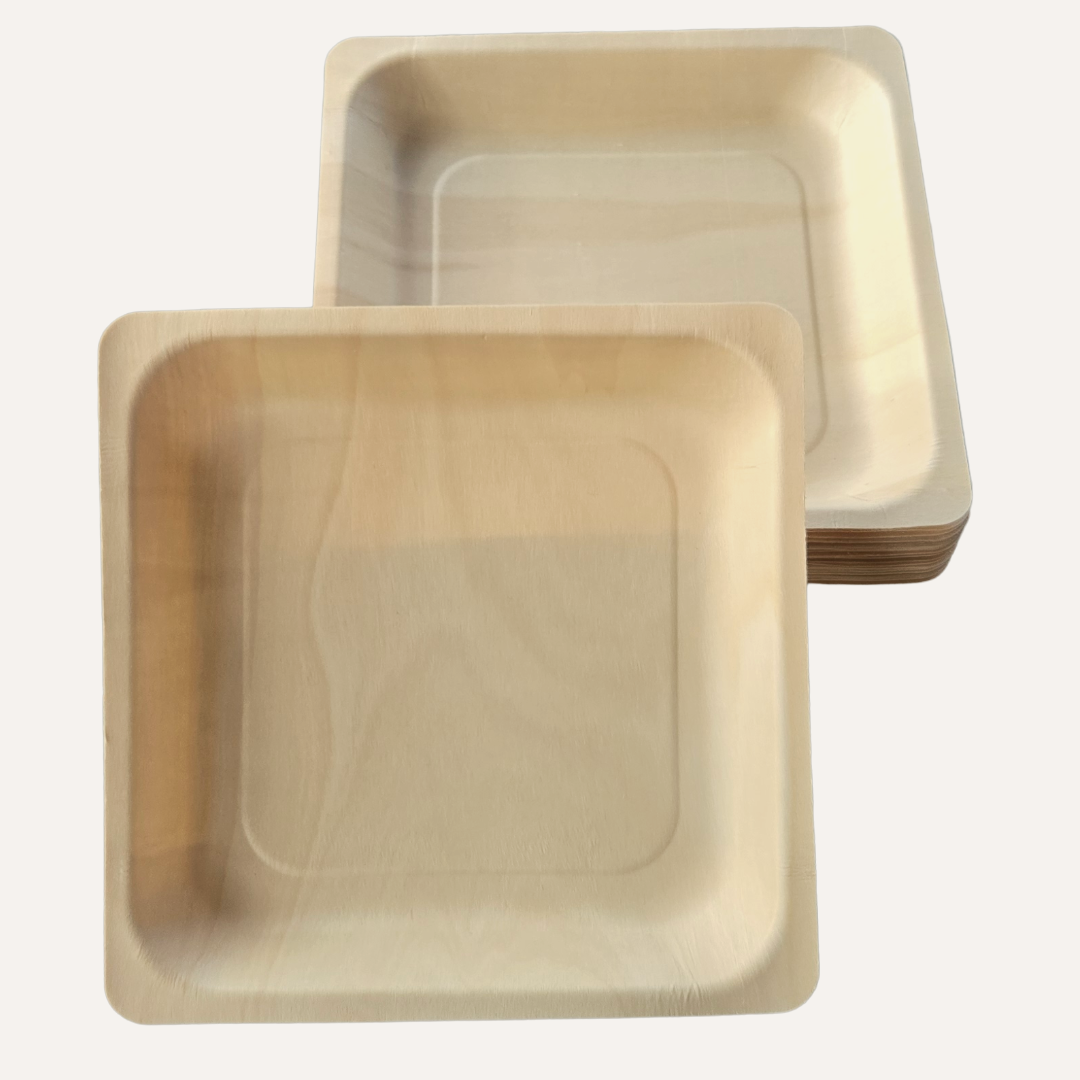 Set of four and a half inch eco-friendly square wooden plates by MicRic, made from bamboo and palm leaf, 500 pack.