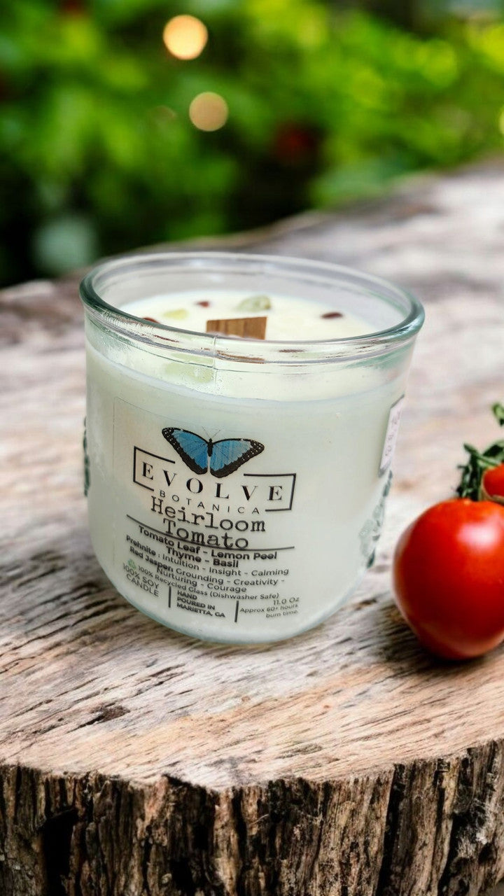 Evolve Botanica Rocks Candle Heirloom Tomato soy candle with wood wick, prehnite, and red jasper stones in a glass jar