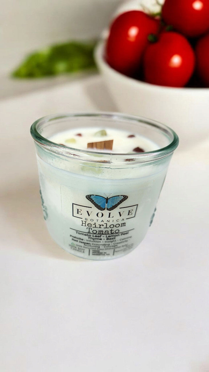 Evolve Botanica Rocks Candle Heirloom Tomato soy candle with wood wick, Prehnite and Red Jasper stones for decorative lighting.