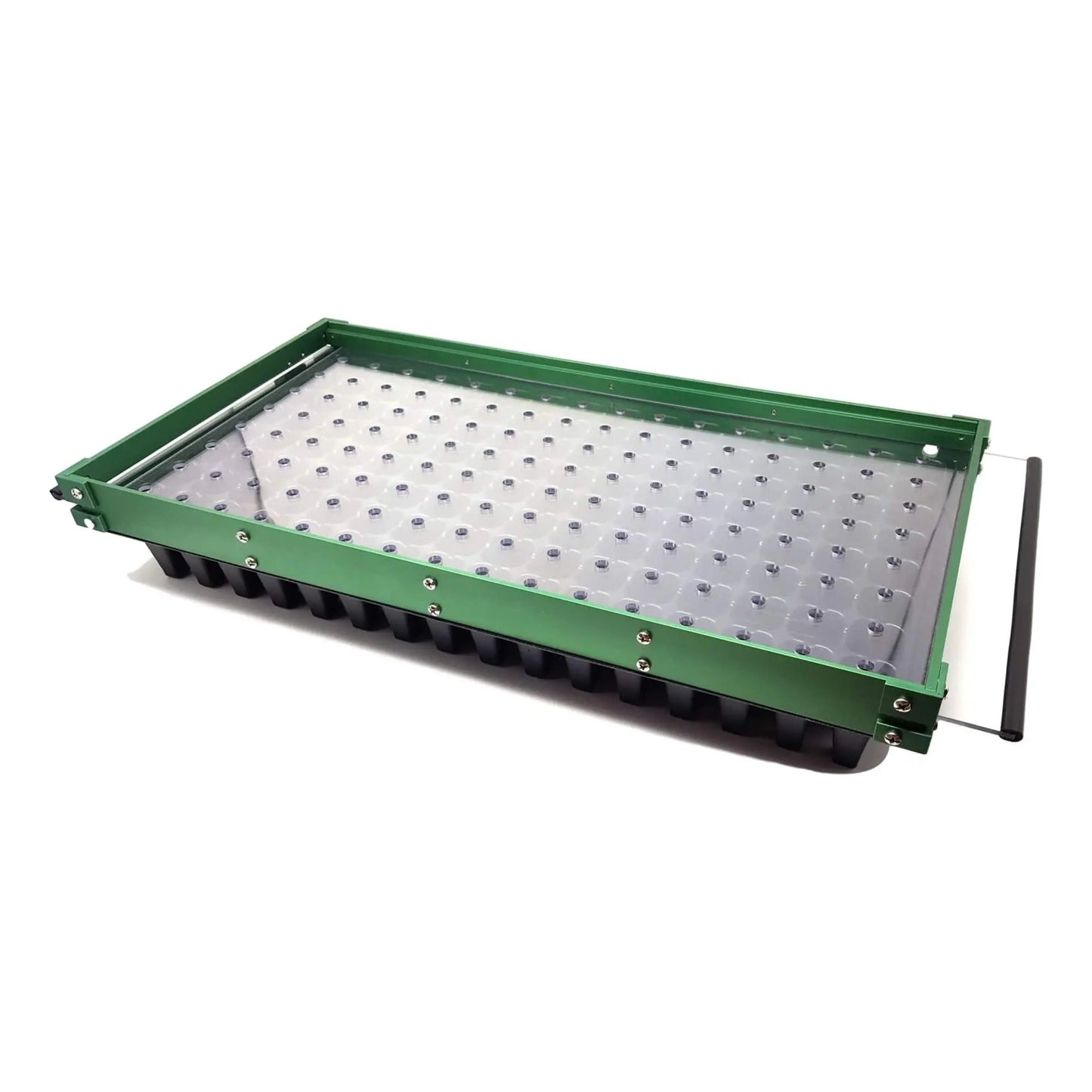 Bootstrap Farmer Drop Seeder for seed planting, featuring a durable plastic body and adjustable seed dispersal mechanism.