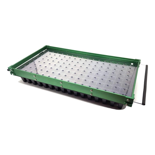 Bootstrap Farmer Drop Seeder for seed planting, featuring a durable plastic body and adjustable seed dispersal mechanism.