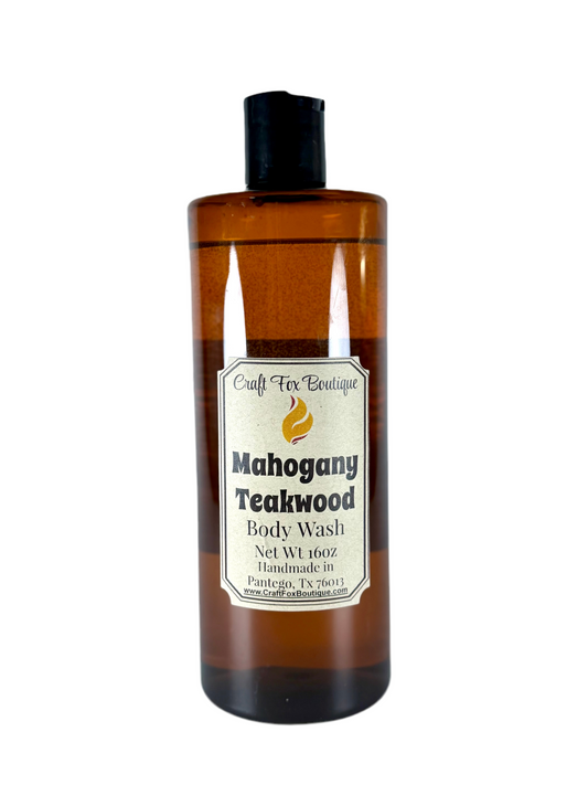Craft Fox Boutique Mahogany Teakwood 16oz body wash with sleek bottle and label displaying the product name and branding.