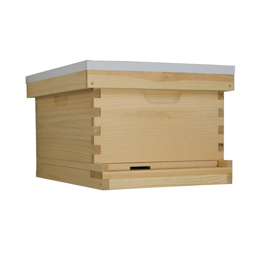 Galena Farms 10-frame complete beehive kit with fully assembled deep box, frames, and wax-coated foundations, Amish-made.