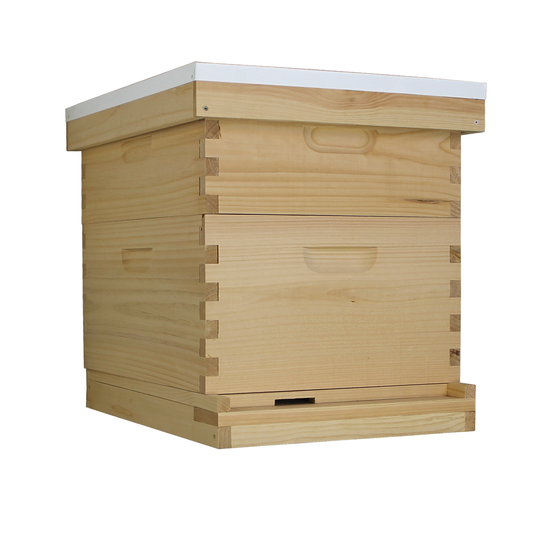 Unassembled 10-frame beehive kit with deep and medium boxes, frames, and wax-coated foundations, made by Galena Farms.