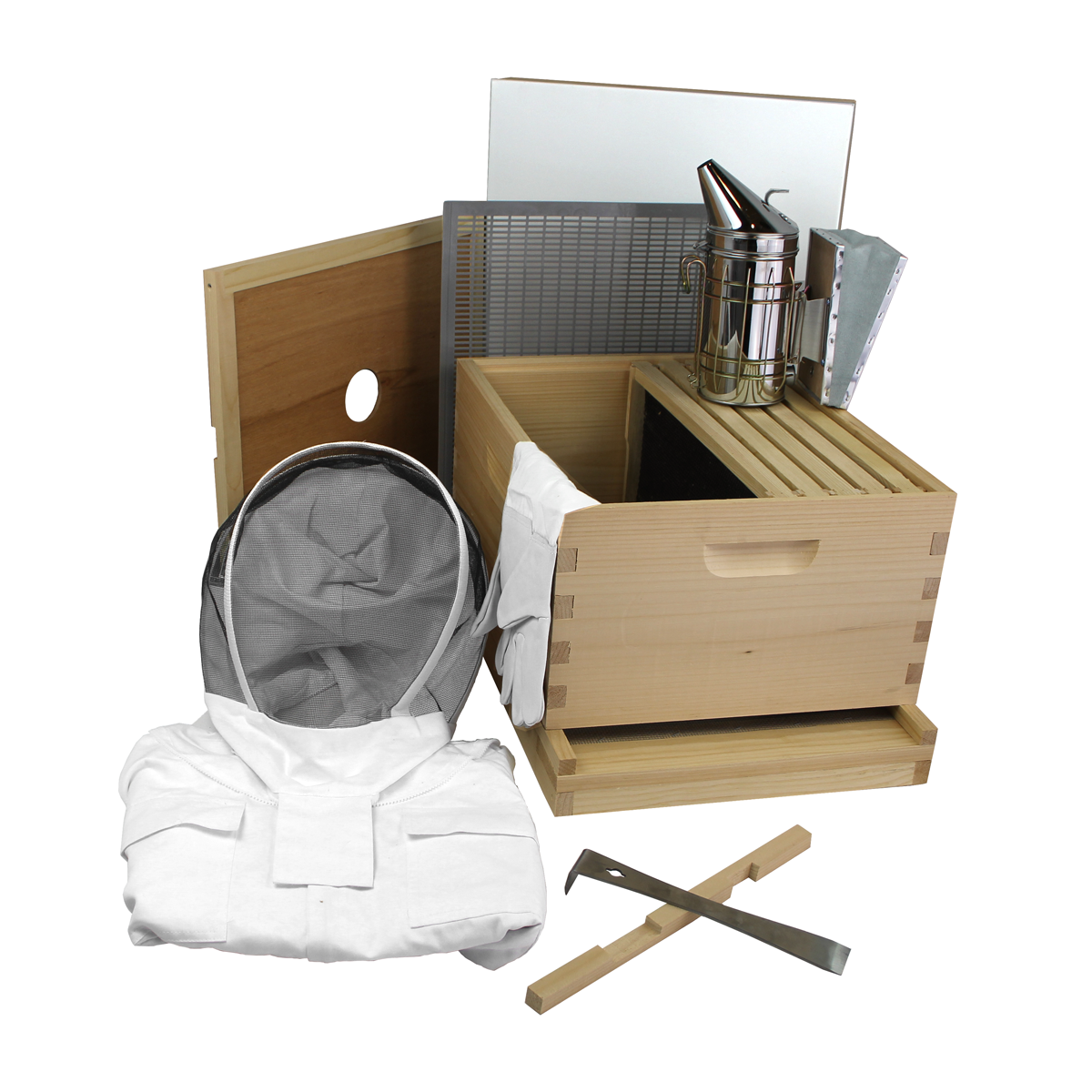 Amish-made Galena Farms 10-frame beehive starter kit with full hive components and wooden frames for beekeeping.