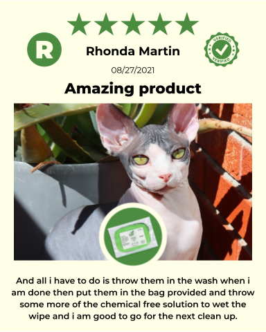 ReNewedPet reusable pet wipes for grooming, showing a graphic review with pet and wipe illustration for all pet types.