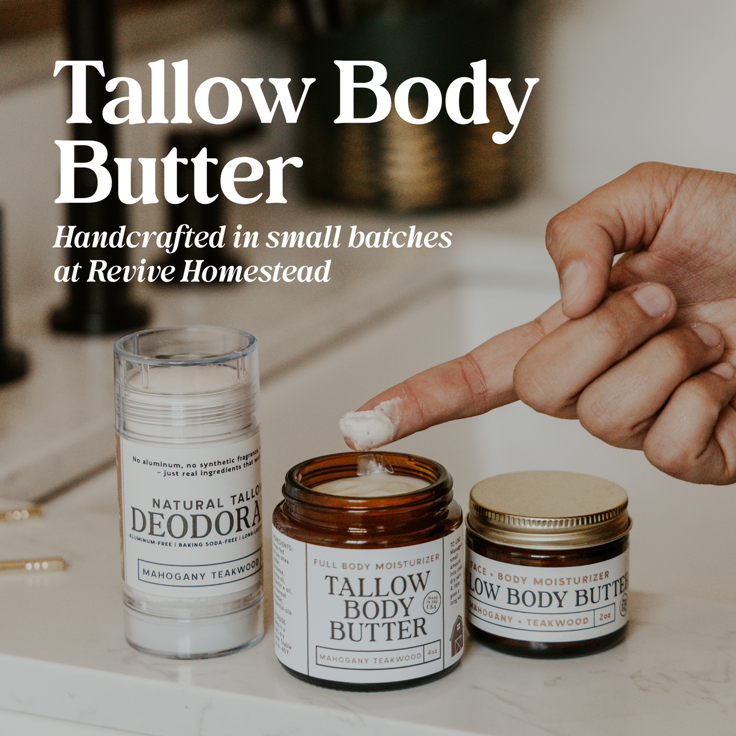 Revive Homestead Tallow Body Butter jar with creamy, natural moisturizer visible in an open container.