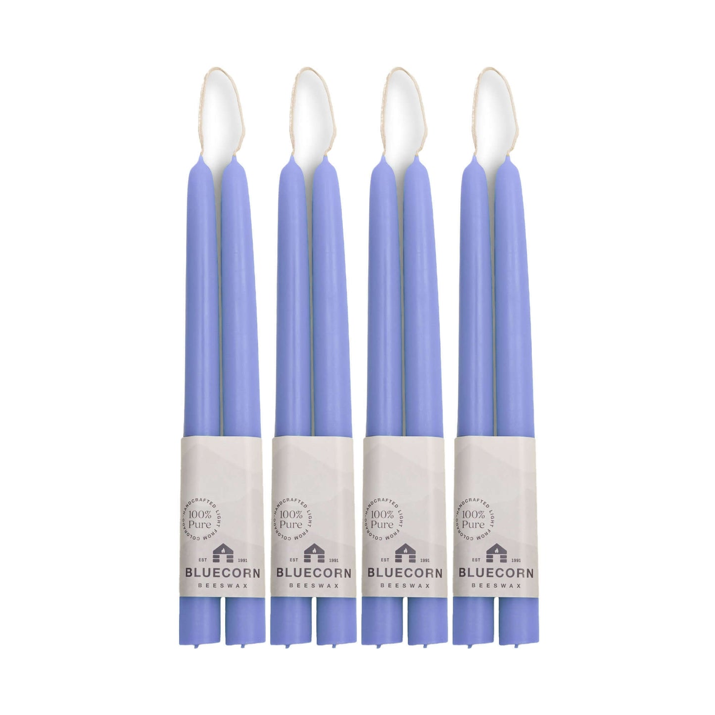 Bluecorn Candles hand-dipped beeswax taper candles in lilac, 10 inches, bundled in a bulk set of four pairs, natural and elegant.