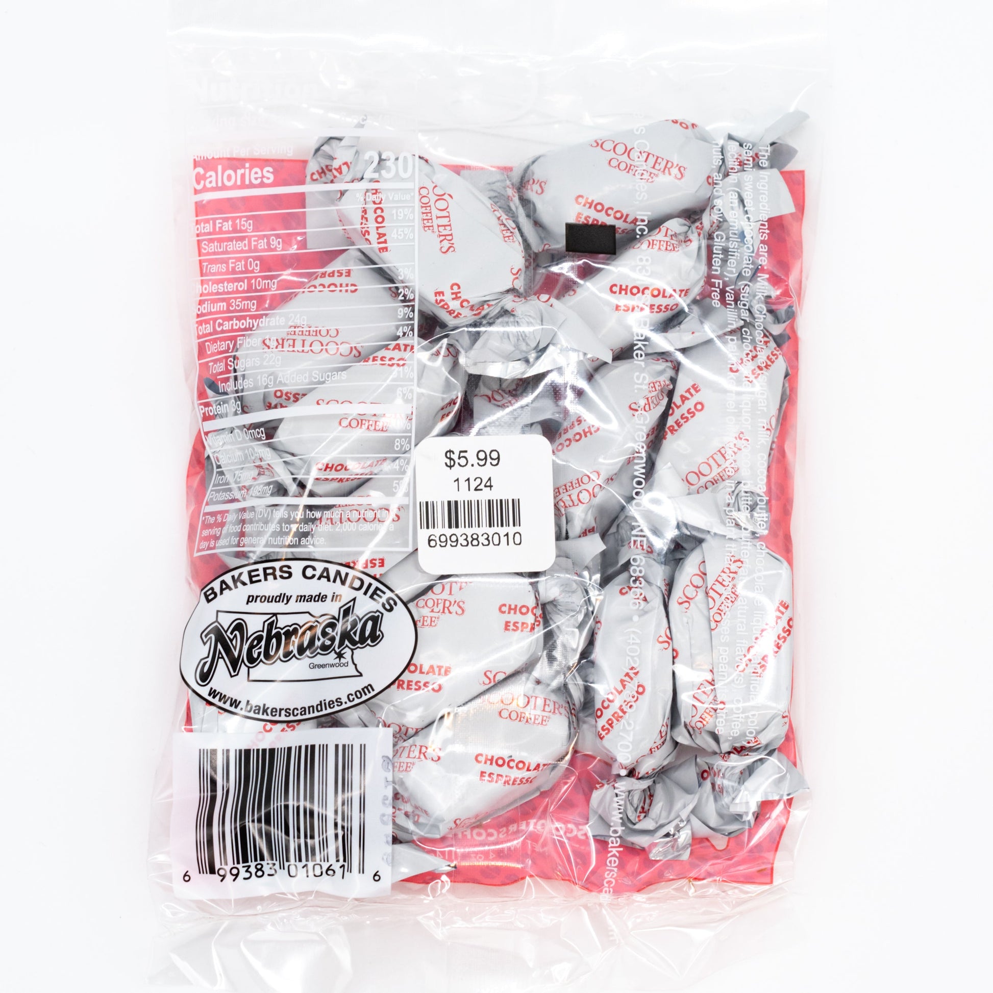 Scooters Chocolate Espresso Meltaways by Baker's Candies, 4 oz, featuring rich chocolate and espresso flavors in a small food package.
