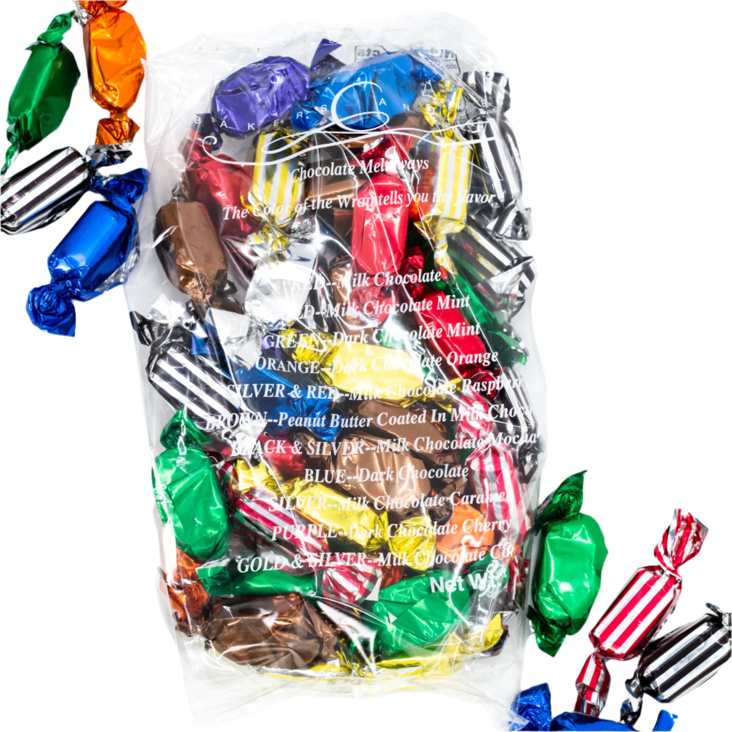 Assorted meltaway chocolates in a 1 lb box from Baker's Candies, featuring smooth, creamy chocolate pieces in various flavors.