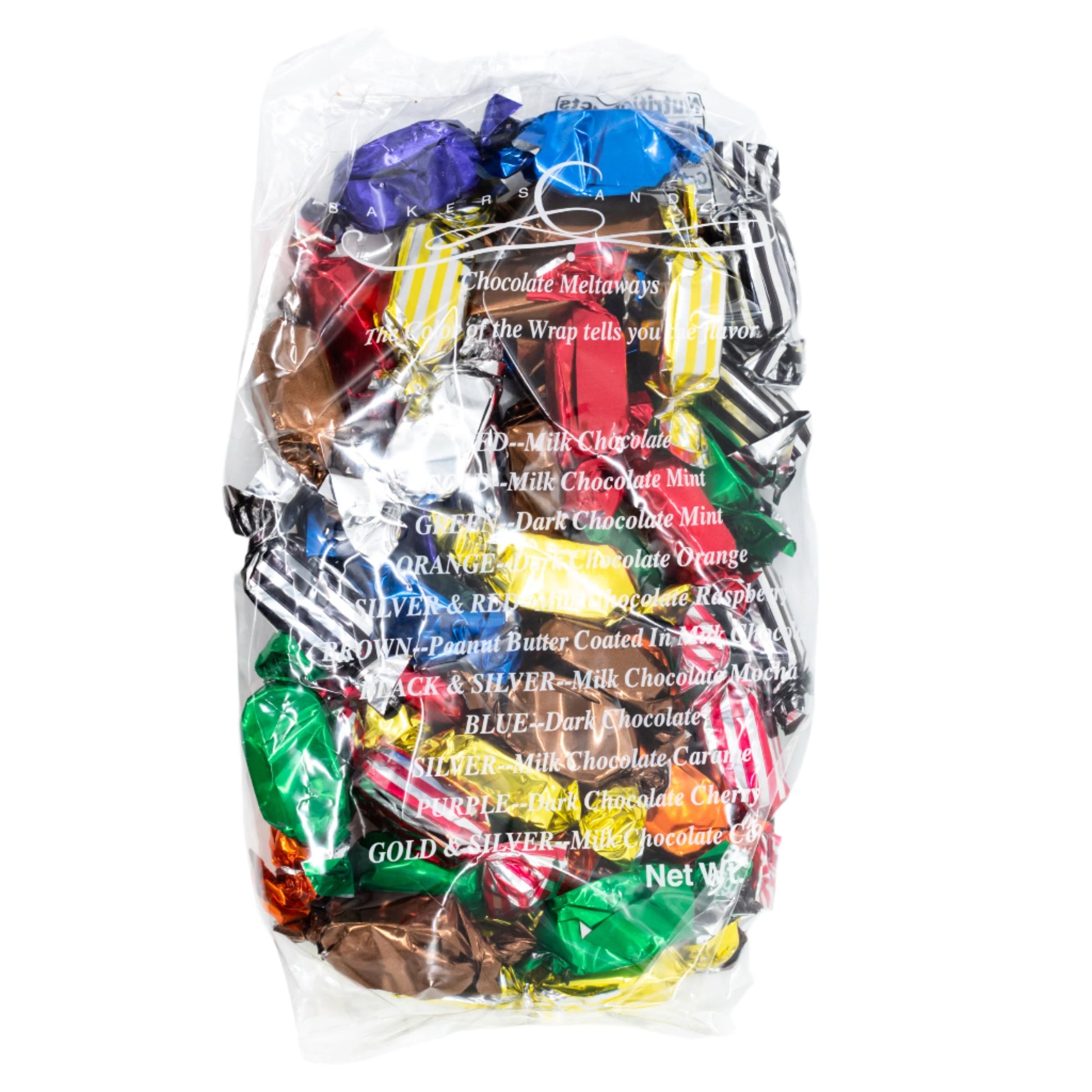 Assorted meltaway chocolates from Baker's Candies in a 1 lb box, featuring colorful, creamy chocolates on a white plate.