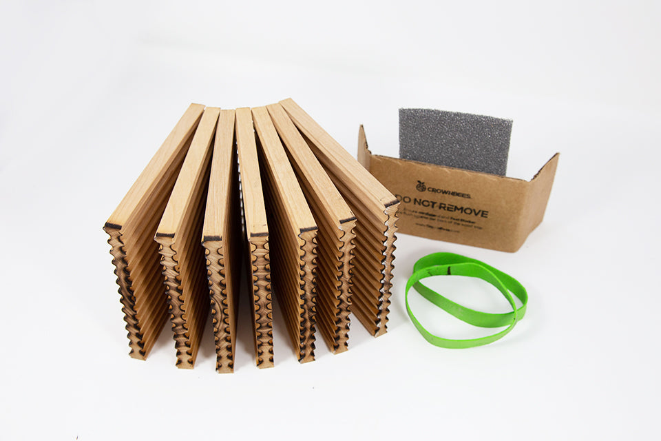 CrownBees summer reusable wood tray with 78 holes, designed for summer leaf bees to nest and thrive.