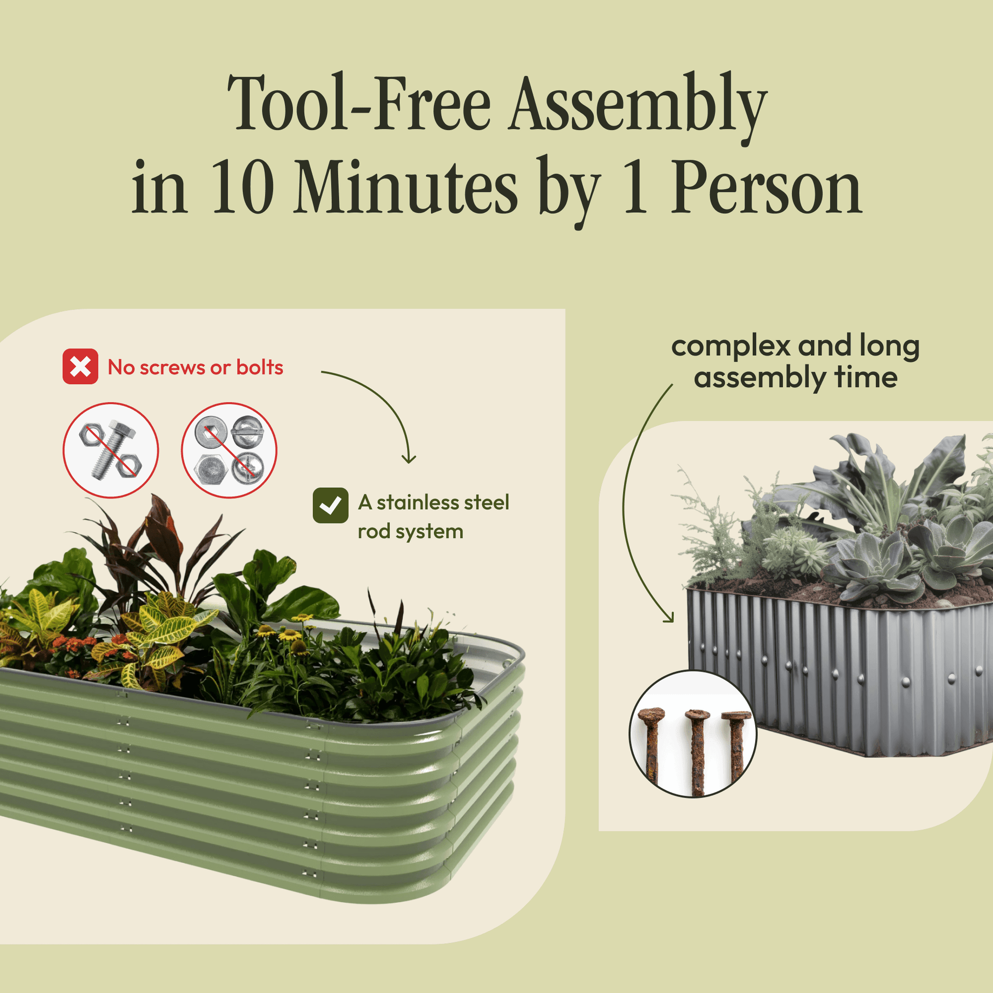 17-inch tall Gro-Rite 12-in-1 metal raised garden bed kit with a 6-in-1 design, no tools needed for assembly, durable metal construction.