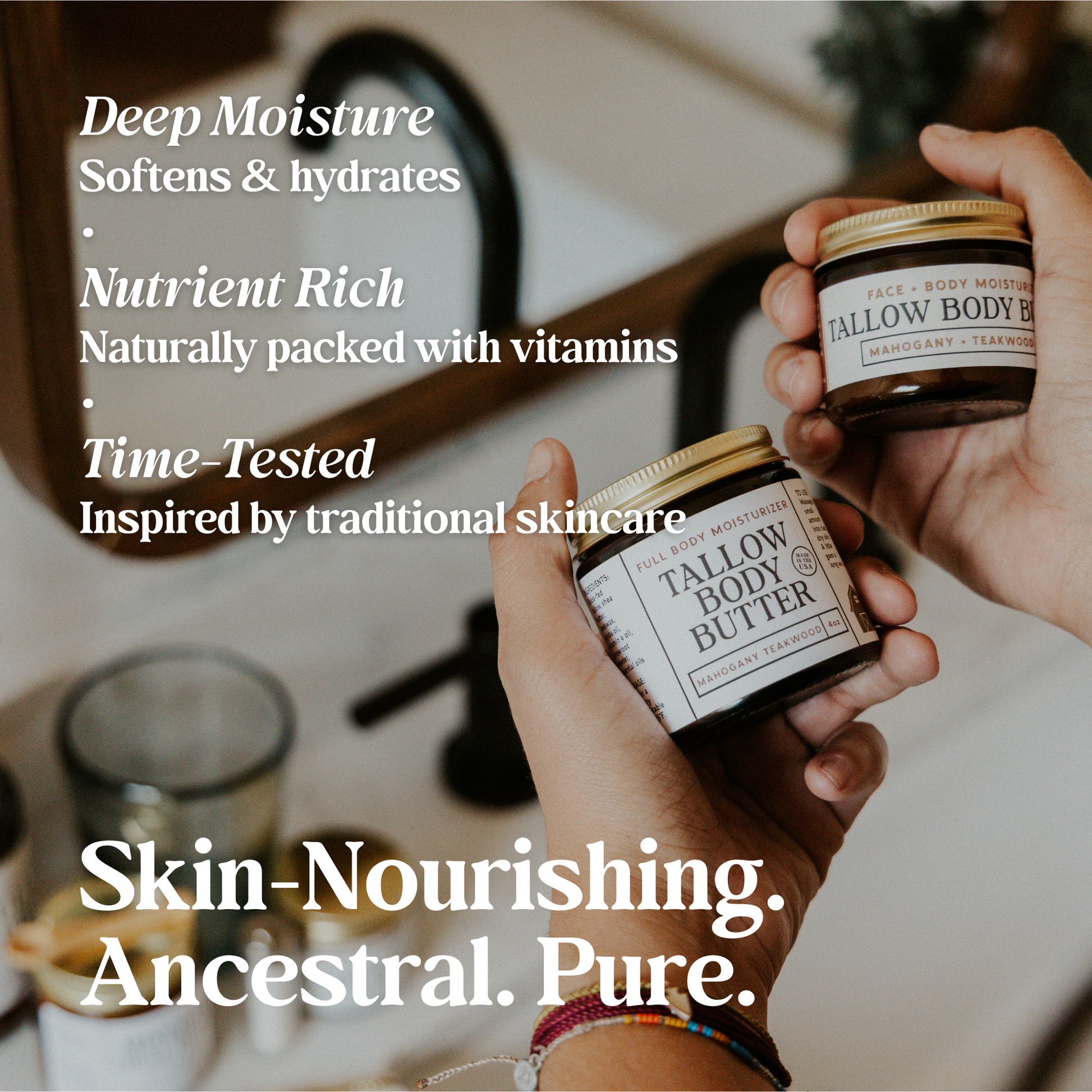 Revive Homestead Tallow Body Butter jar with creamy, natural skincare product and fresh herbs on a wooden surface.