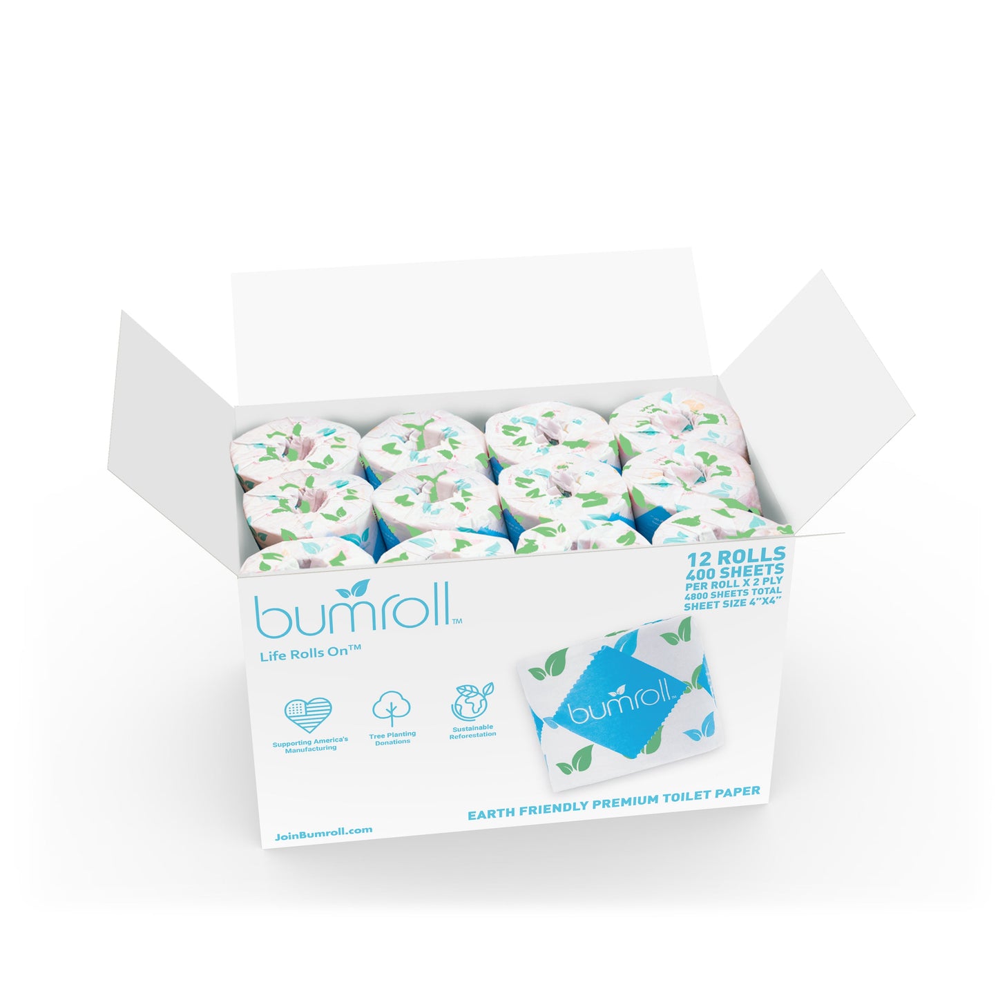 Join Bumroll bamboo toilet paper rolls, eco-friendly and soft, made in the USA with packaging showing the product and branding.