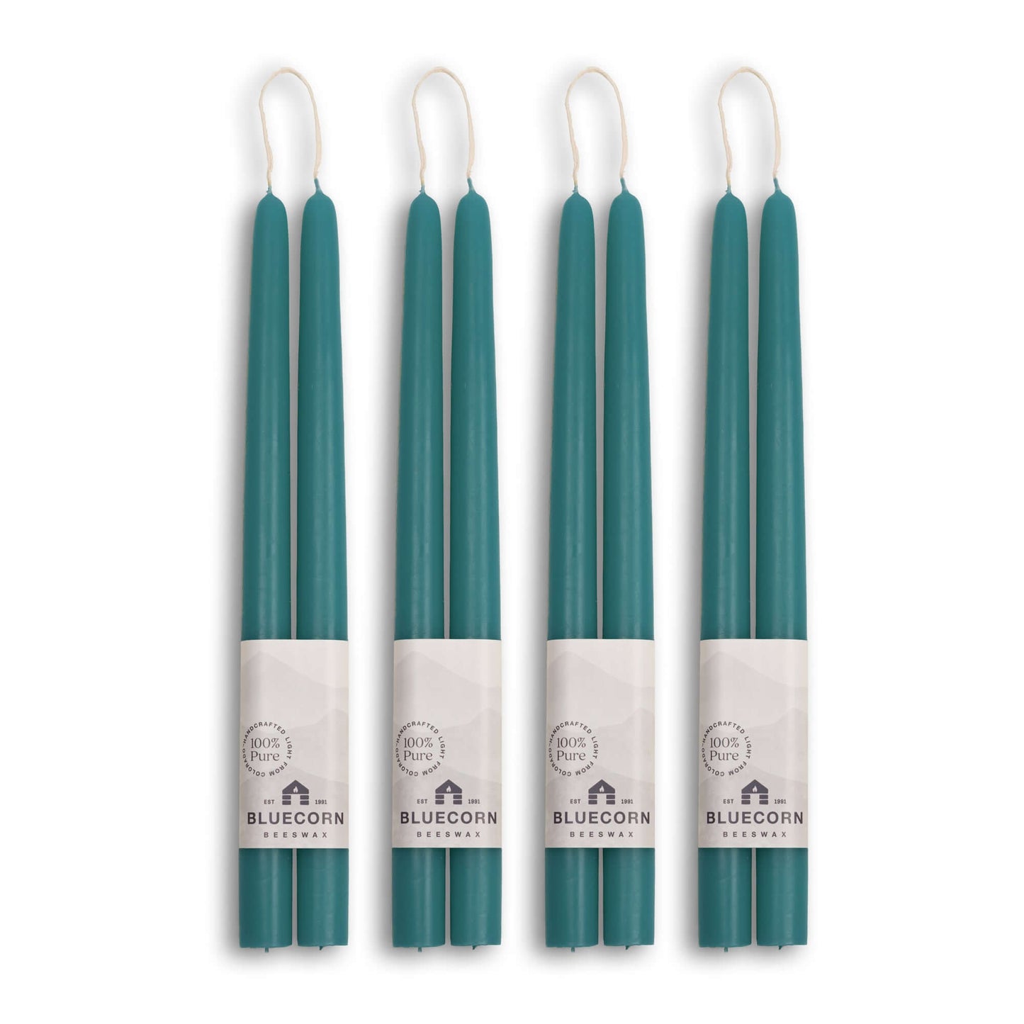Pair of 12-inch teal beeswax taper candles from Bluecorn Candles in a bulk 4-pair bundle, with a natural hand-dipped appearance.