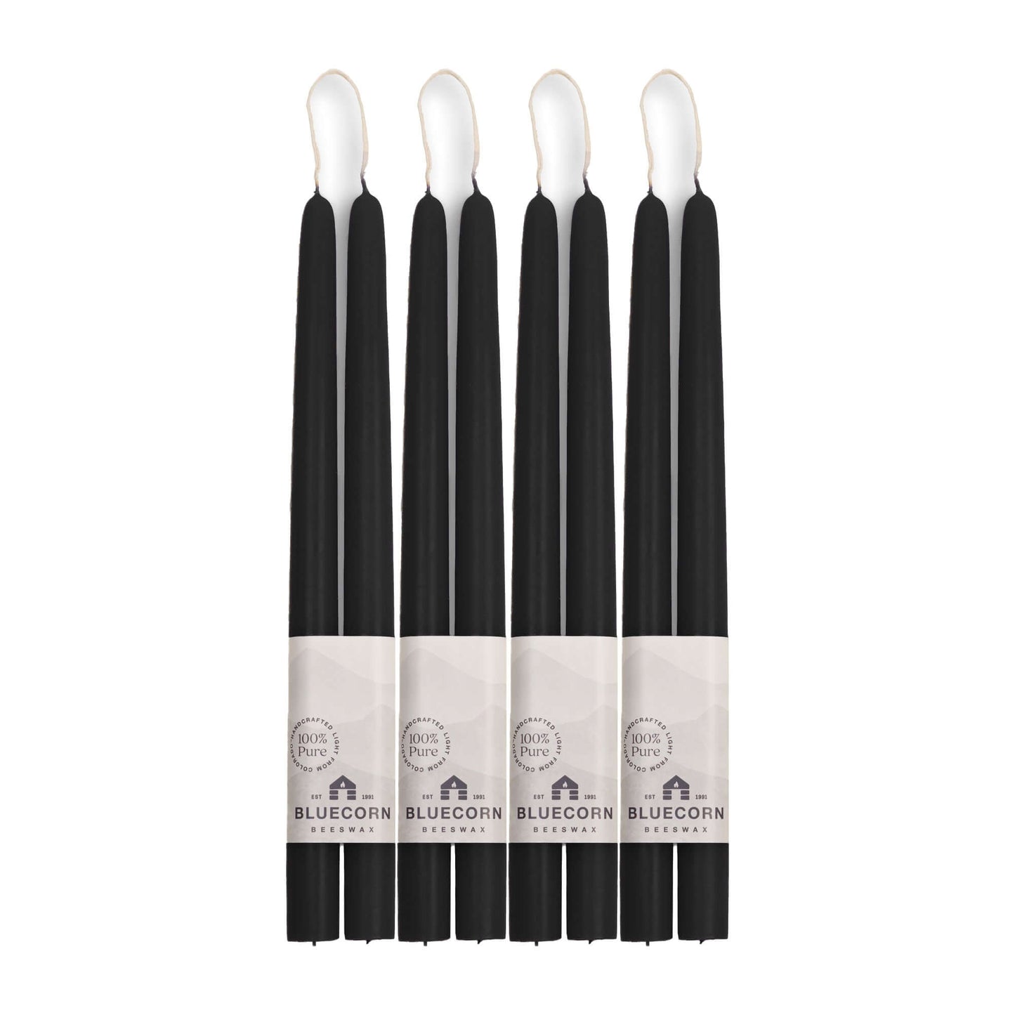 Set of eight 12-inch black beeswax taper candles from Bluecorn Candles, hand-dipped and ideal for bulk decorative or ceremonial use.