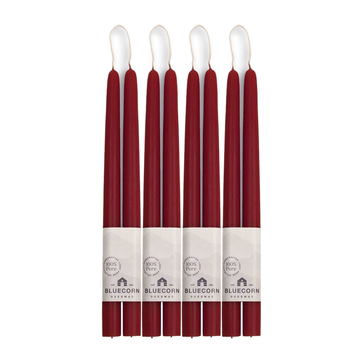 Set of 8 burgundy red 12-inch beeswax taper candles from Bluecorn Candles, perfect for elegant home lighting or decor.