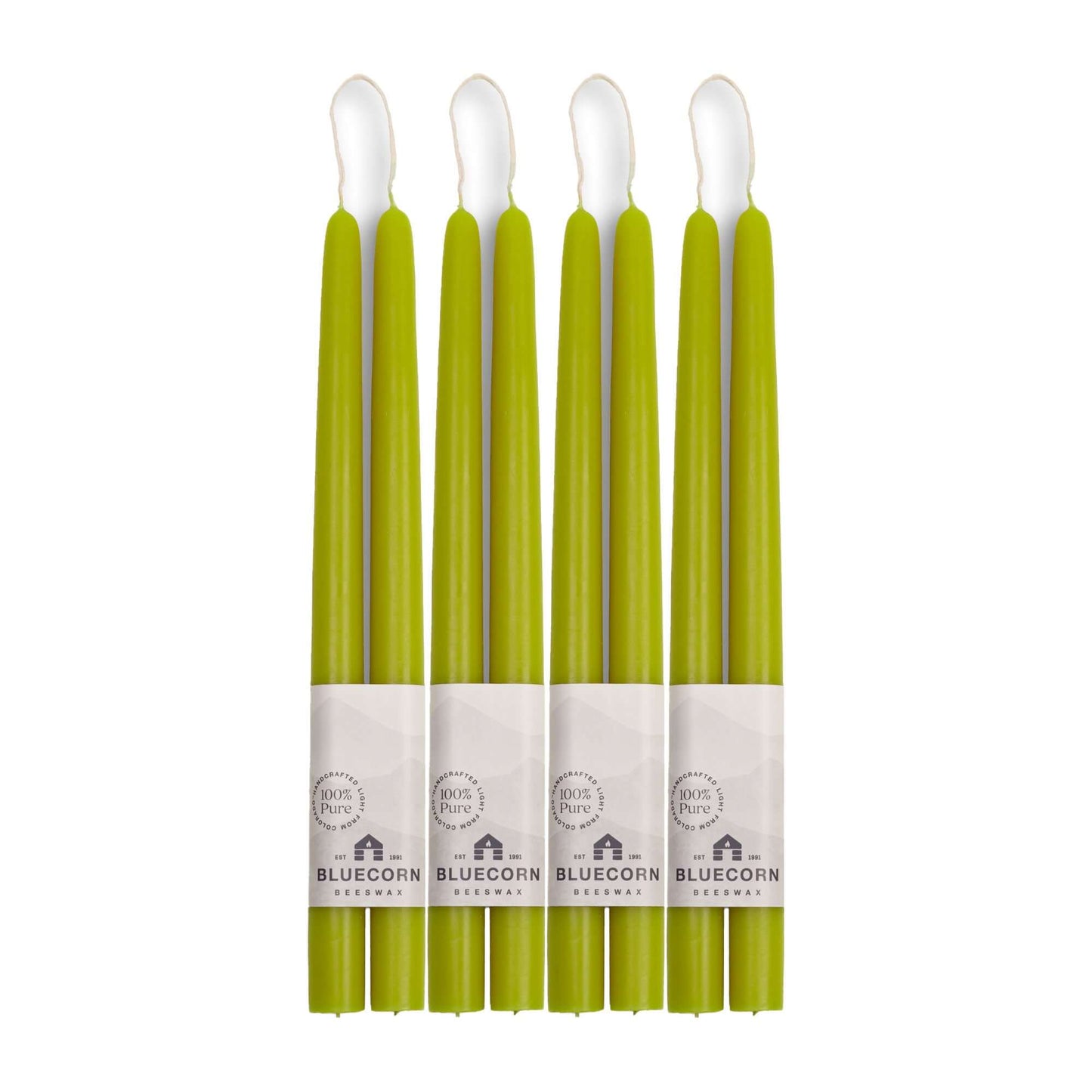 Set of 8 blue-green 12-inch beeswax taper candles from Bluecorn Candles, hand-dipped and bundled in four pairs.