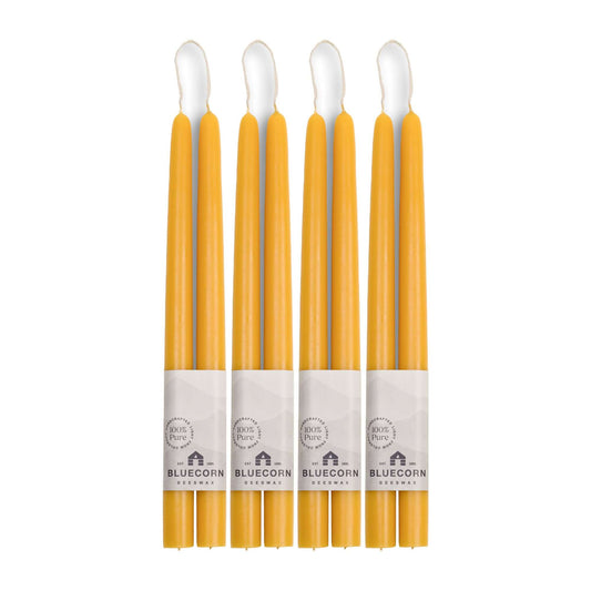 Set of 8 Bluecorn Candles 12-inch hand-dipped beeswax taper candles, natural raw beeswax, bulk bundle of 4 pairs.
