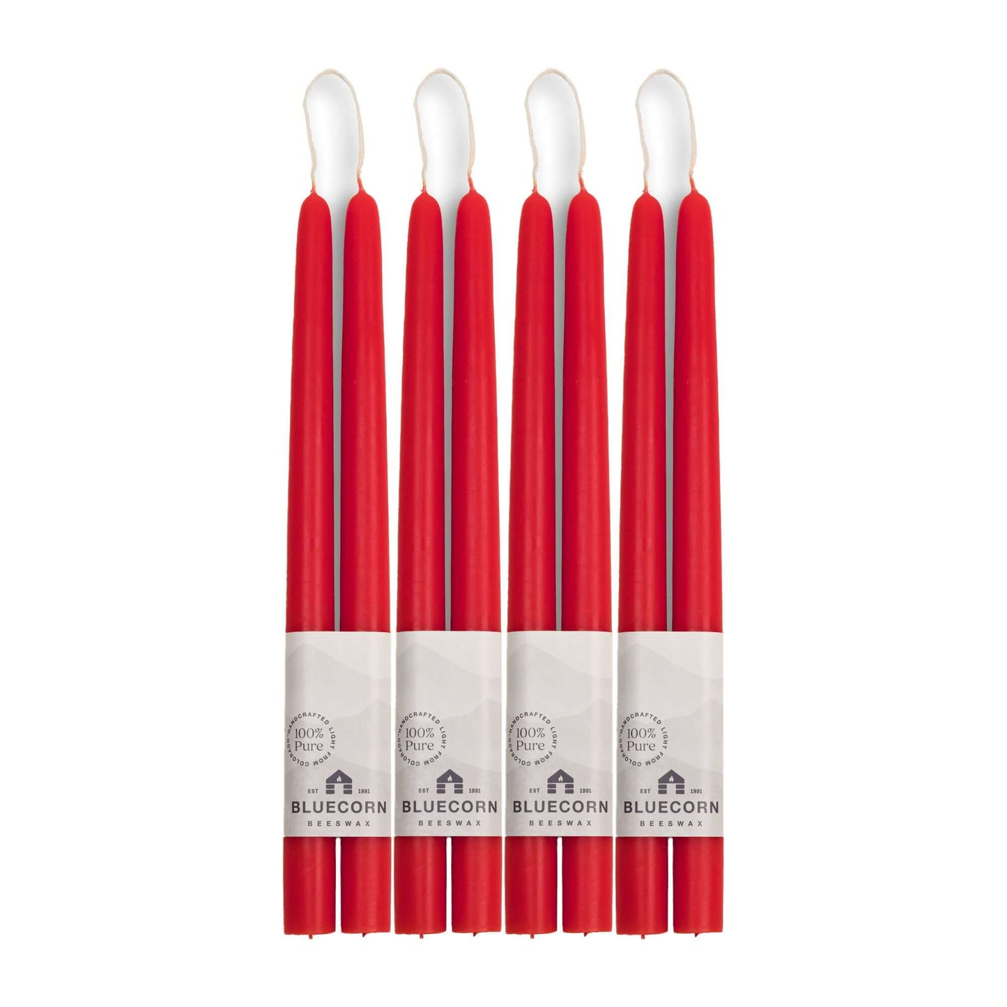Set of 8 red 12-inch beeswax taper candles from Bluecorn Candles in a bulk bundle, perfect for eco-friendly home decor or events.