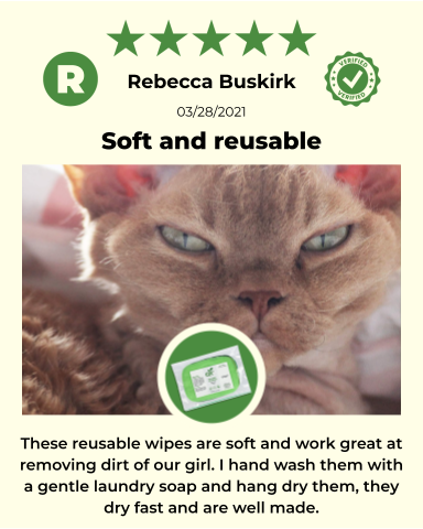 ReNewedPet reusable pet wipes for grooming, shown in a graphic with product branding and cleaning solution image.