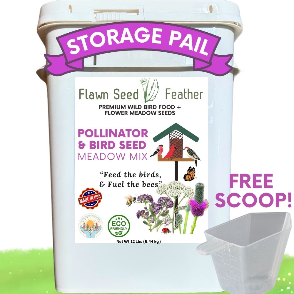 12lb Flawn Seed Kits Pollinator & Wild Bird Seed Meadow Mix in a pail, showing vibrant wildflower seeds for attracting pollinators and birds.
