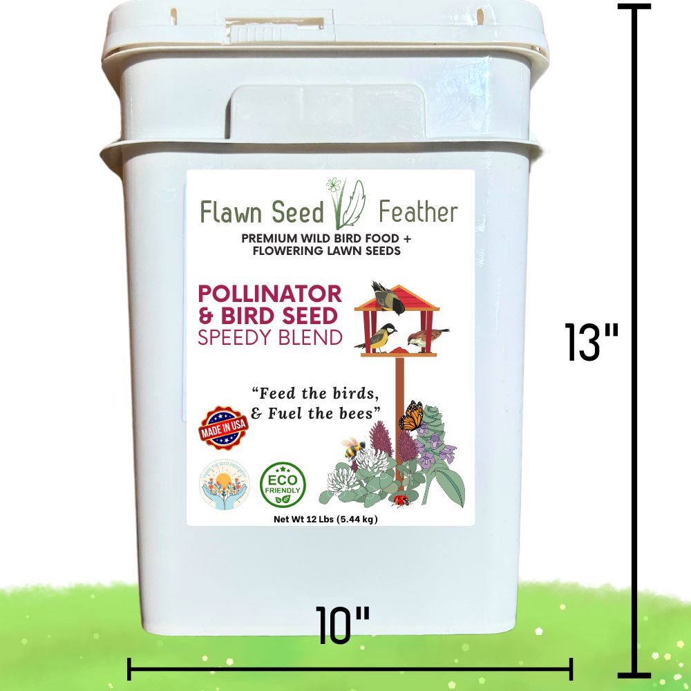 12lb Flawn Seed Kits Pollinator & Wild Bird Seed Speedy Blend in a large container, ideal for attracting pollinators and wild birds.