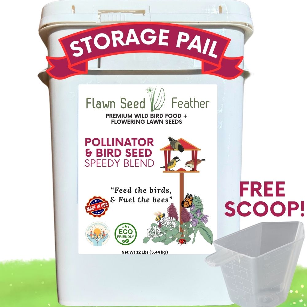 12lb Flawn Seed Kits Pollinator & Wild Bird Seed Speedy Blend in a large container, featuring a mix of seeds for birds and pollinators.
