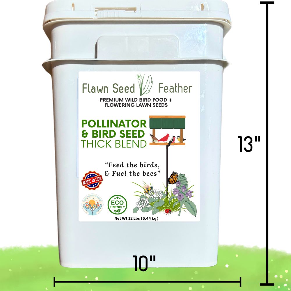 12lb Flawn Seed Kits Pollinator and Wild Bird Seed Thick Bee Lawn Blend in a durable pail, ideal for supporting pollinators.