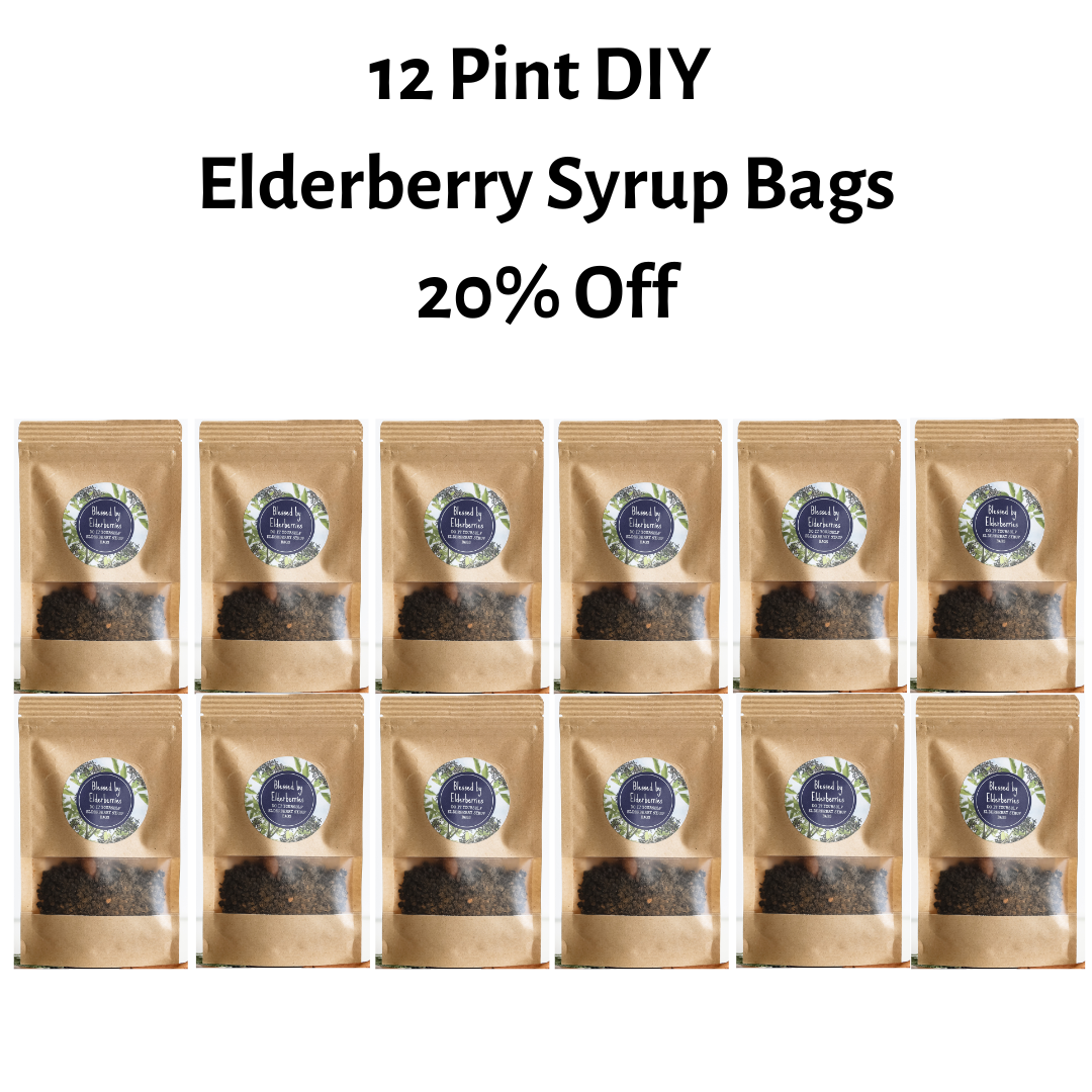 DIY pint-sized elderberry syrup kit by Blessed by Elderberries with 12 bags of ingredients for homemade elderberry syrup.