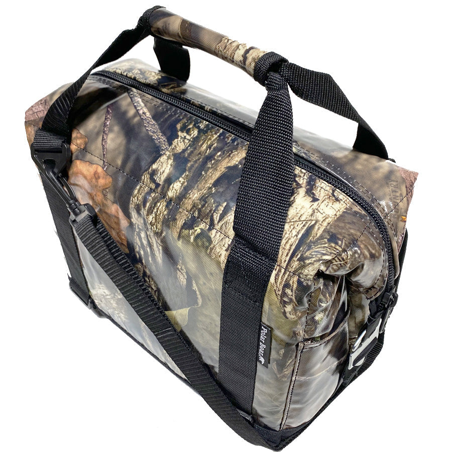 12-pack Polar Bear Coolers nylon soft coolers in camouflage with quarter-length zipper, shown from back view.