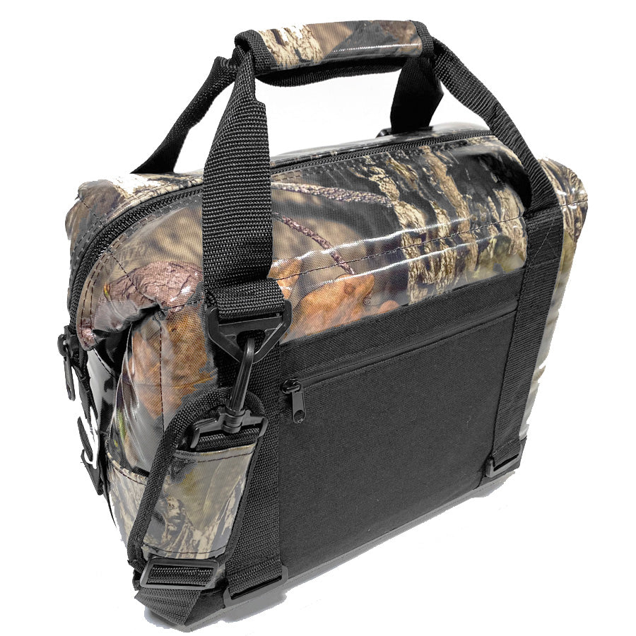 12-pack Polar Bear Coolers nylon soft coolers in camo, showing front view with zipper and handles for easy carrying.